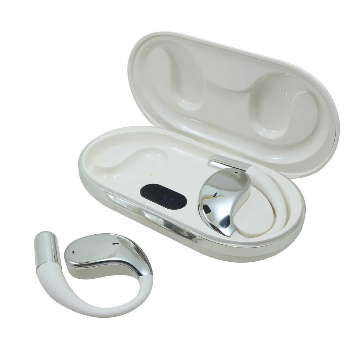 AI translation earbuds resting in an open charging case on a desk