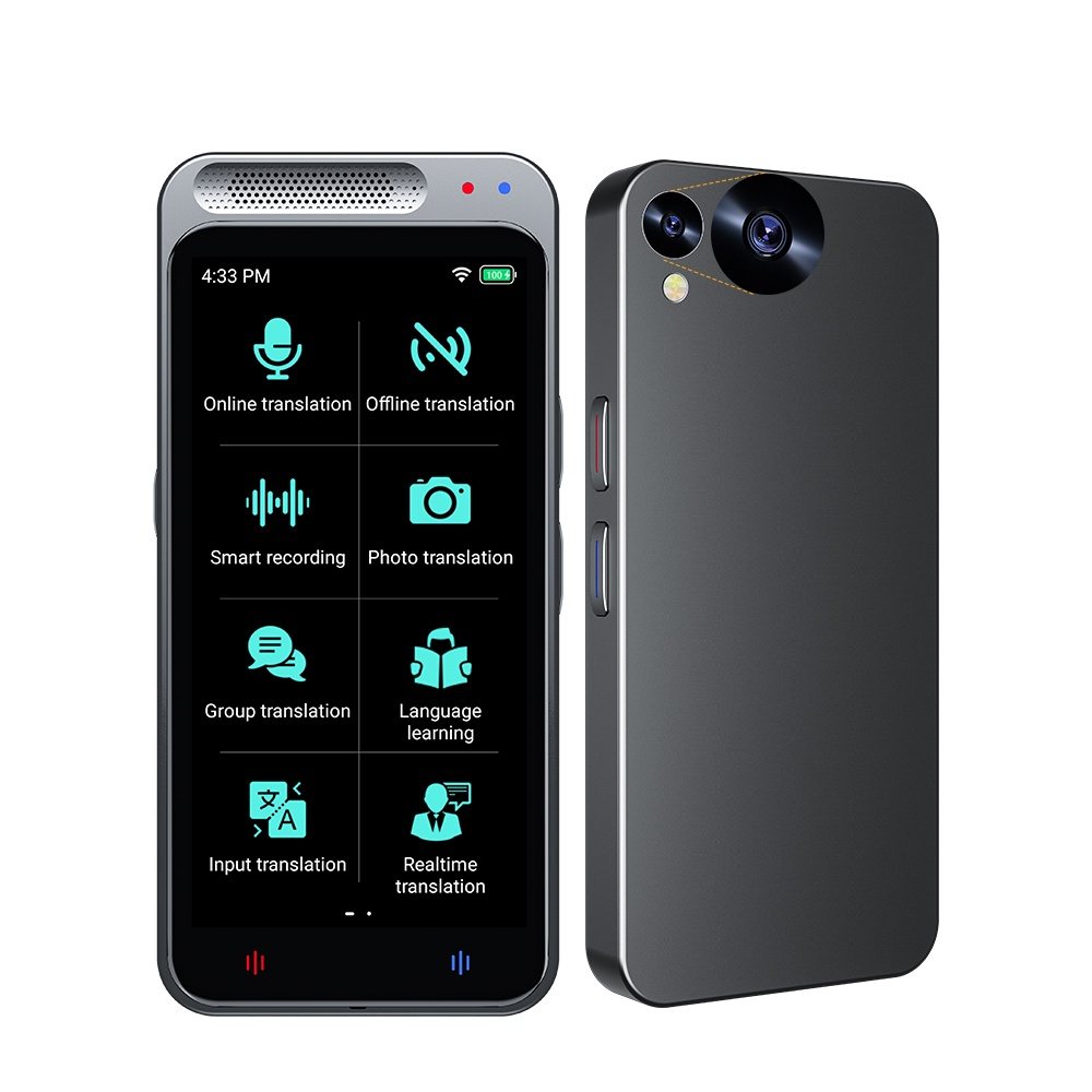 Handheld AI pocket translator with a touch screen showing a translation menu