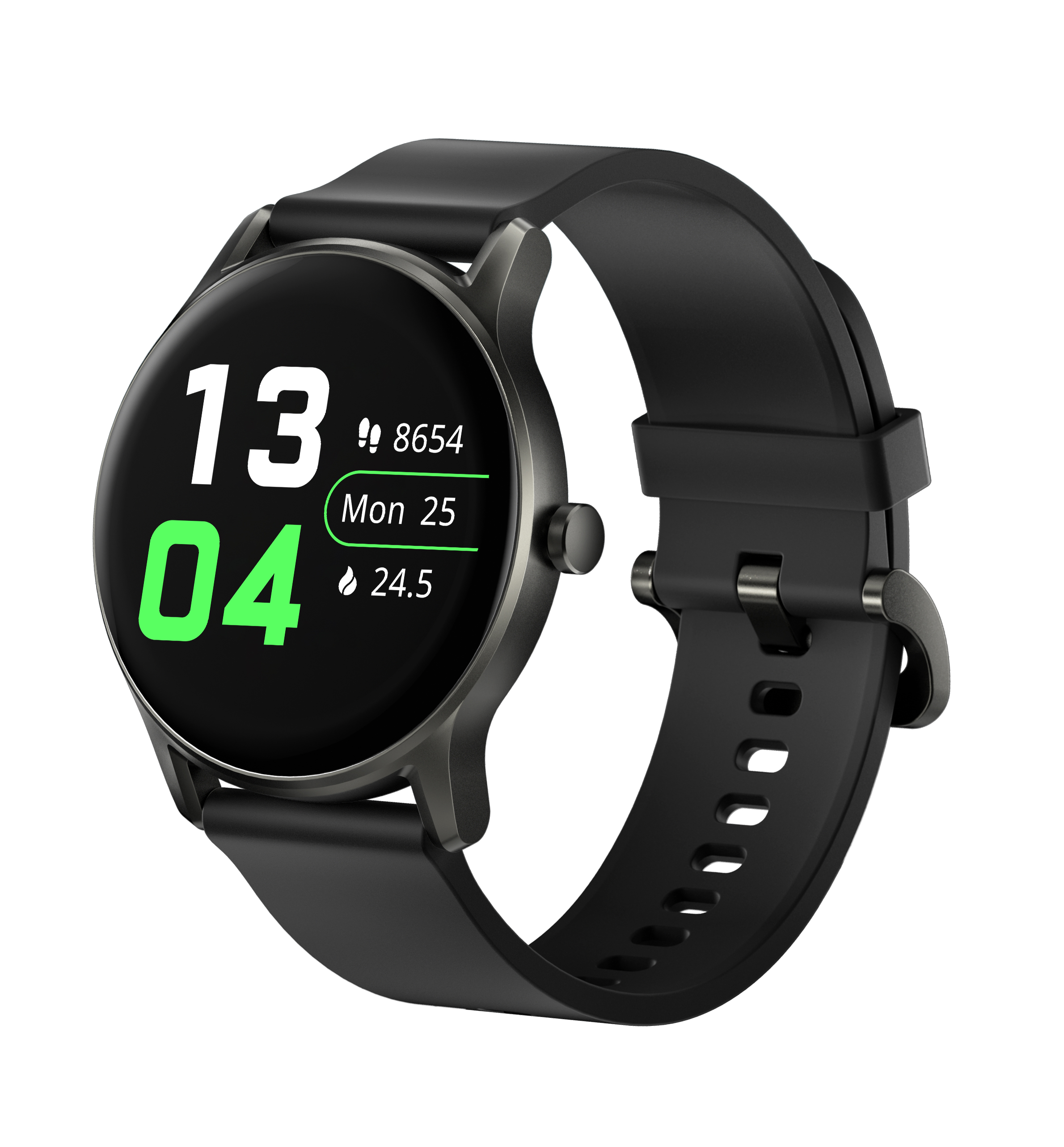 Health smartwatch worn on the wrist showing step and heart rate data